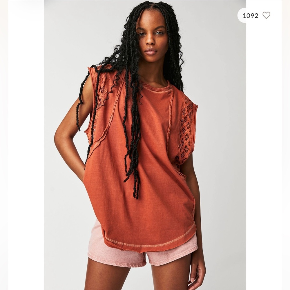 NWOT Free People Table for Two Tee Bright Coral Medium Crochet Boho Oversized